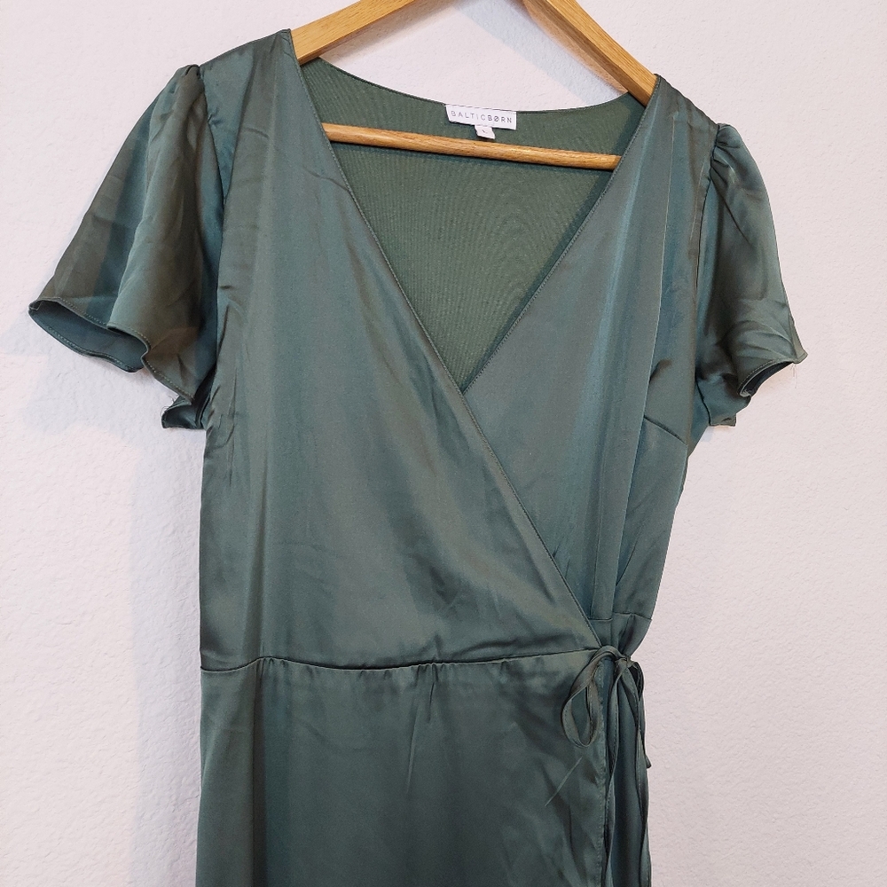 Satin Wrap Maxi Dress in Olive Green - Picture 3 of 10
